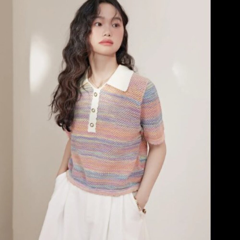 KUOSE Striped Rainbow Sweater Cropped. S
